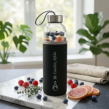 500 ml Siyah Kılıflı Logolu Cam Matara M2