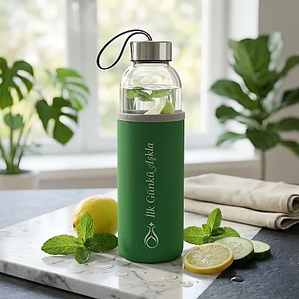500 ml Yeşil Kılıflı Logolu Cam Matara M1