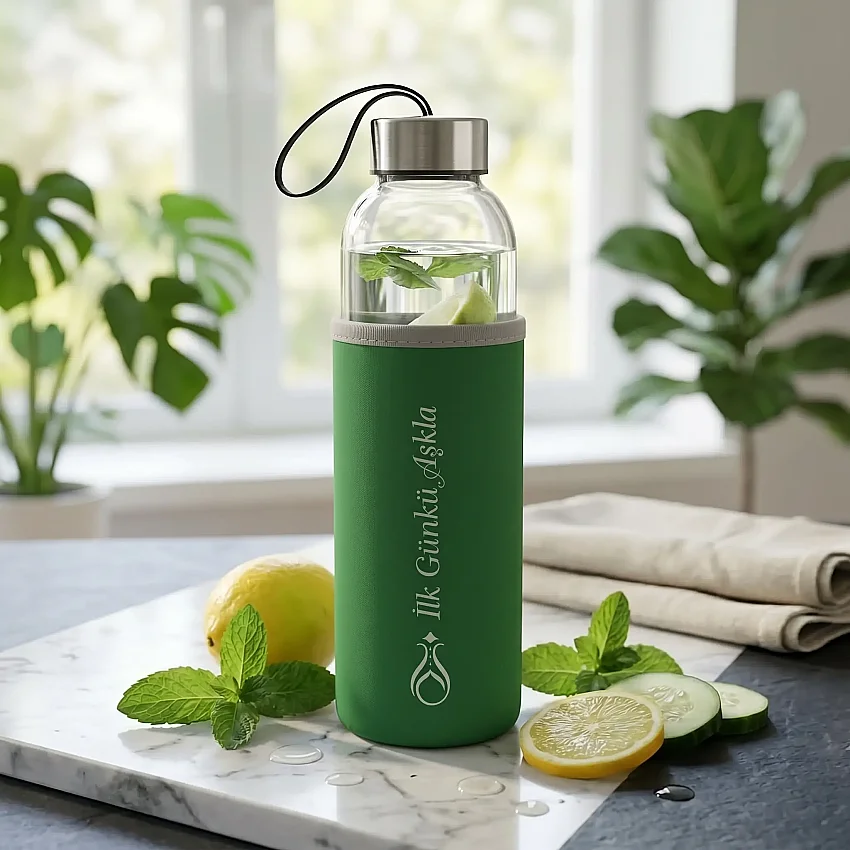 500 ml Yeşil Kılıflı Logolu Cam Matara M1 - 1