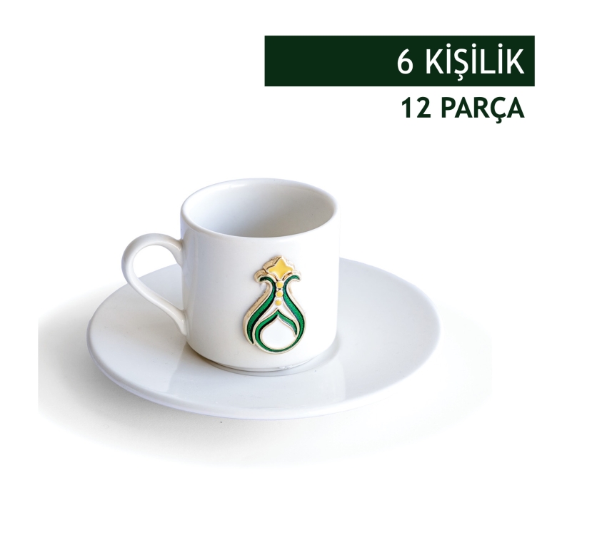 6 Kişilik 12 Parça Porselen Krem Kahve Fincan Takımı Zamak Dekorlu - 1