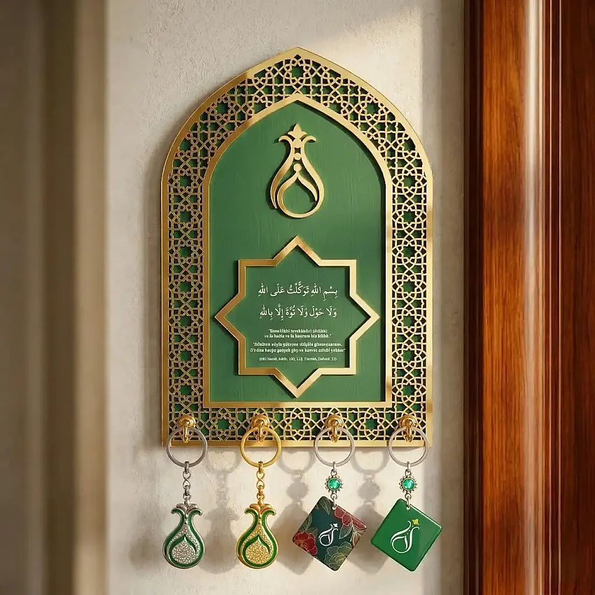 Ahşap Anahtar Askılığı Dekorlu Yeşil 29x19,5cm MY1 - 2