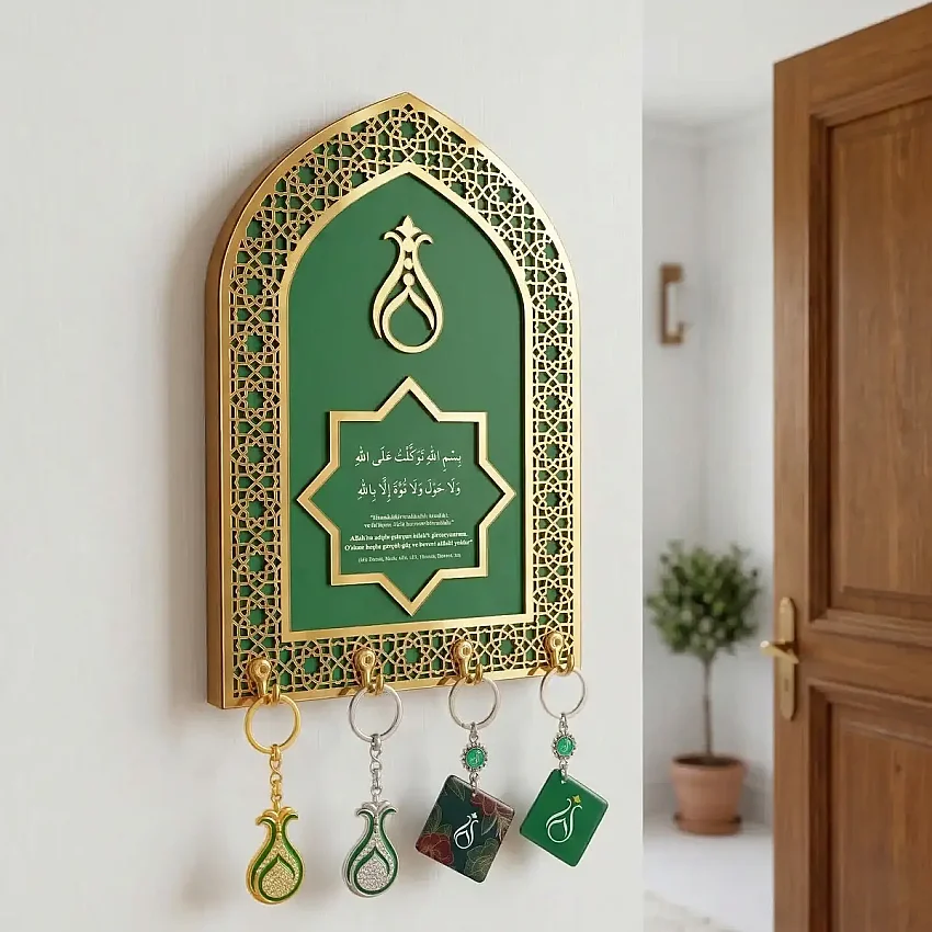 Ahşap Anahtar Askılığı Dekorlu Yeşil 29x19,5cm MY1 - 1