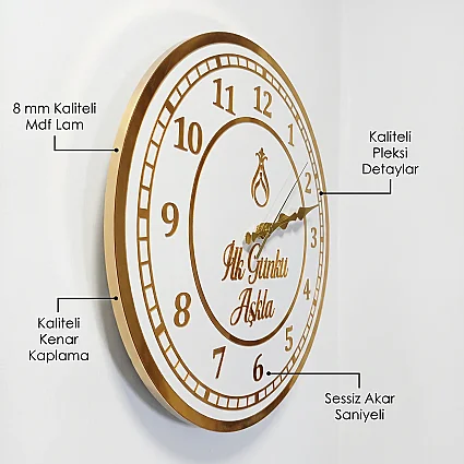 Ahşap Duvar Saati 35 cm Dekoratif Akar Saniyeli Sessiz Mekanizma 8 mm Beyaz Mdf Altın Pleksi ve Kenar Kaplama (1)
