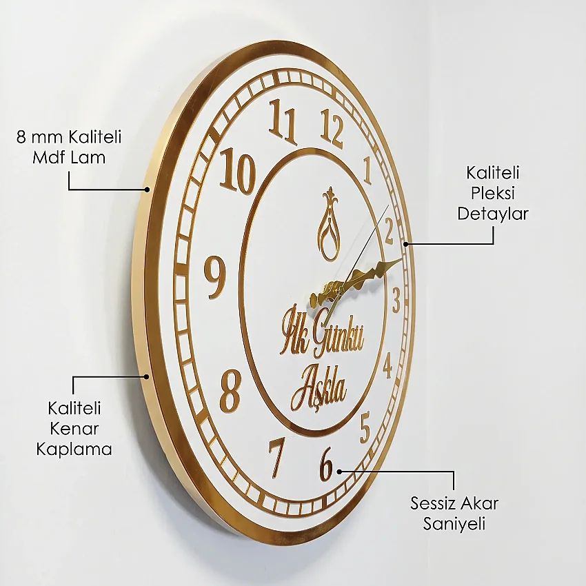 Ahşap Duvar Saati 35 cm Dekoratif Akar Saniyeli Sessiz Mekanizma 8 mm Beyaz Mdf Altın Pleksi ve Kenar Kaplama - 2