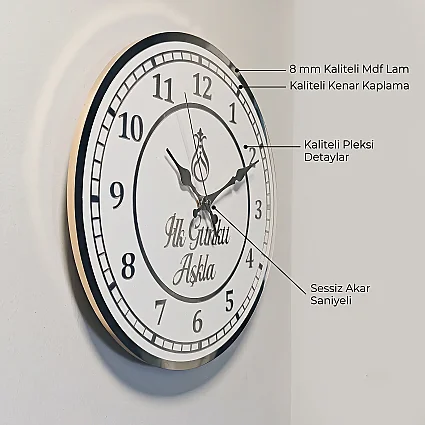 Ahşap Duvar Saati 35 cm Dekoratif Akar Saniyeli Sessiz Mekanizma 8 mm Beyaz Mdf Gümüş Pleksi ve Kenar Kaplama (1)