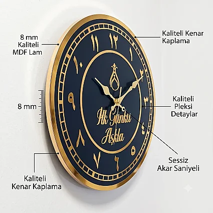 Ahşap Duvar Saati 35 cm Dekoratif Akar Saniyeli Sessiz Mekanizma 8 mm Siyah Mdf Altın Pleksi ve Kenar Kaplama Arapça Rakamlı (1)