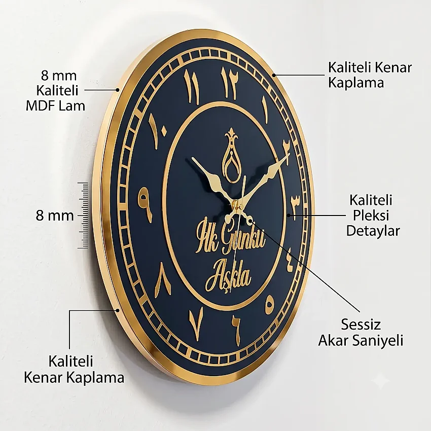 Ahşap Duvar Saati 35 cm Dekoratif Akar Saniyeli Sessiz Mekanizma 8 mm Siyah Mdf Altın Pleksi ve Kenar Kaplama Arapça Rakamlı - 2