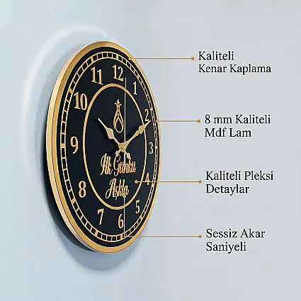 Ahşap Duvar Saati 35 cm Dekoratif Akar Saniyeli Sessiz Mekanizma 8 mm Siyah Mdf Altın Pleksi ve Kenar Kaplama (1)