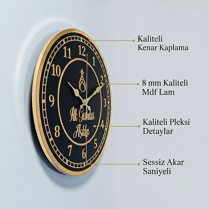 Ahşap Duvar Saati 35 cm Dekoratif Akar Saniyeli Sessiz Mekanizma 8 mm Siyah Mdf Altın Pleksi ve Kenar Kaplama - 2