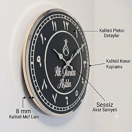 Ahşap Duvar Saati 35 cm Dekoratif Akar Saniyeli Sessiz Mekanizma 8 mm Siyah Mdf Gümüş Pleksi ve Kenar Kaplama Arapça Rakamlı (1)