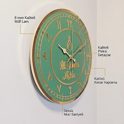 Ahşap Duvar Saati 35 cm Dekoratif Akar Saniyeli Sessiz Mekanizma 8 mm Yeşil Mdf Altın Pleksi ve Kenar Kaplama Arapça Rakamlı (1)