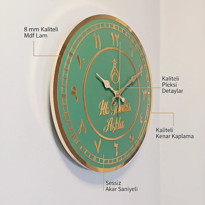 Ahşap Duvar Saati 35 cm Dekoratif Akar Saniyeli Sessiz Mekanizma 8 mm Yeşil Mdf Altın Pleksi ve Kenar Kaplama Arapça Rakamlı - 2