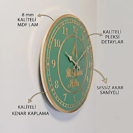 Ahşap Duvar Saati 35 cm Dekoratif Akar Saniyeli Sessiz Mekanizma 8 mm Yeşil Mdf Altın Pleksi ve Kenar Kaplama (1)