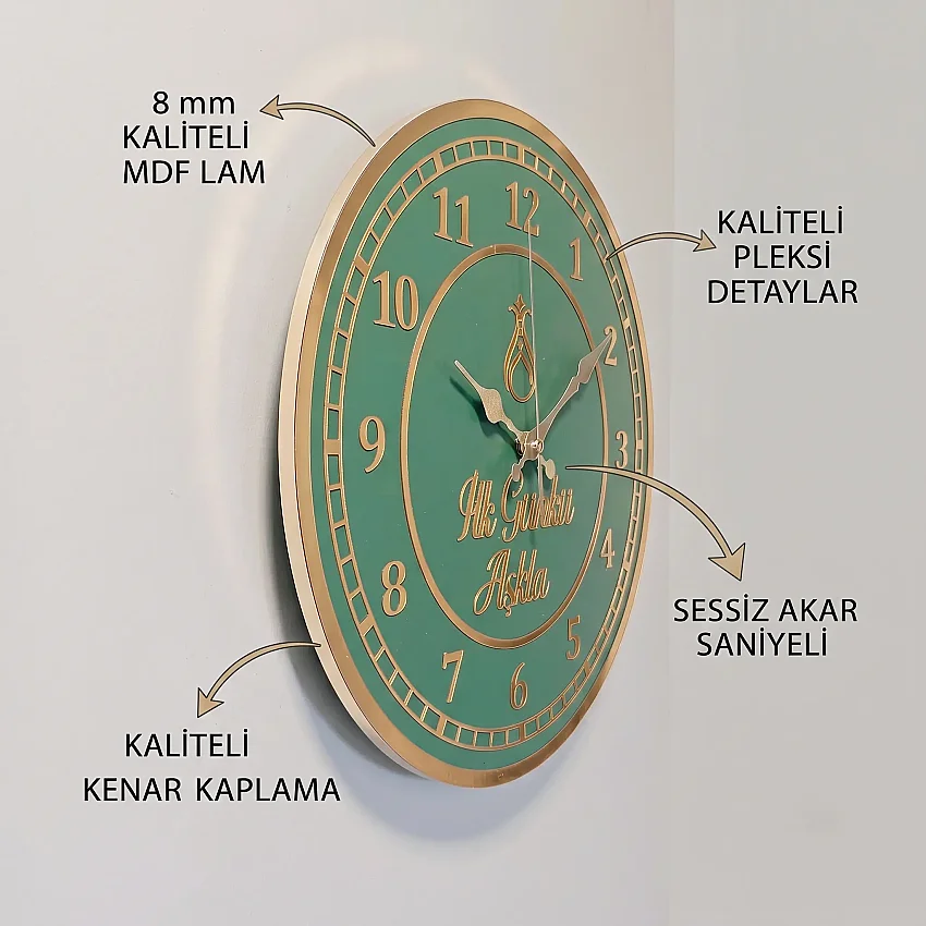 Ahşap Duvar Saati 35 cm Dekoratif Akar Saniyeli Sessiz Mekanizma 8 mm Yeşil Mdf Altın Pleksi ve Kenar Kaplama - 2