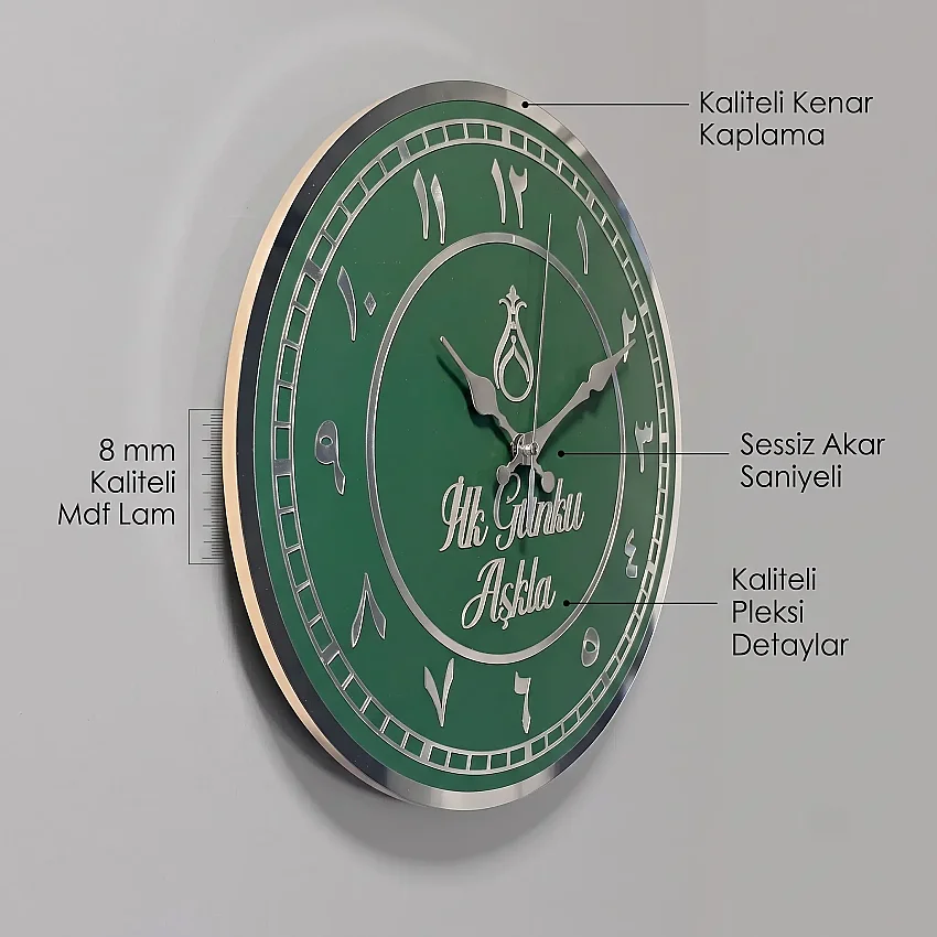 Ahşap Duvar Saati 35 cm Dekoratif Akar Saniyeli Sessiz Mekanizma 8 mm Yeşil Mdf Gümüş Pleksi ve Kenar Kaplama Arapça Rakamlı - 2