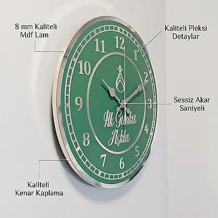 Ahşap Duvar Saati 35 cm Dekoratif Akar Saniyeli Sessiz Mekanizma 8 mm Yeşil Mdf Gümüş Pleksi ve Kenar Kaplama (1)