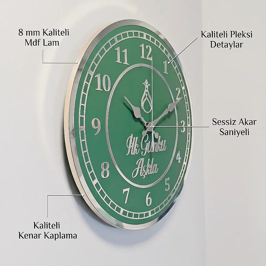 Ahşap Duvar Saati 35 cm Dekoratif Akar Saniyeli Sessiz Mekanizma 8 mm Yeşil Mdf Gümüş Pleksi ve Kenar Kaplama - 2