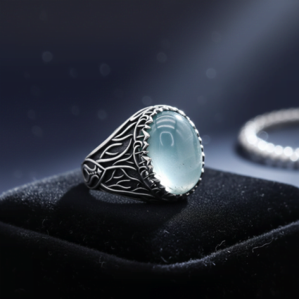 Akuamarin Taşlı Doğal Taş Erkek Gümüş Yüzük - Mühür M10 - Serhendi Logolu Ürünler (1)