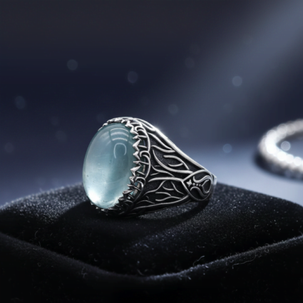 Akuamarin Taşlı Doğal Taş Erkek Gümüş Yüzük - Mühür M10 - Serhendi Logolu Ürünler