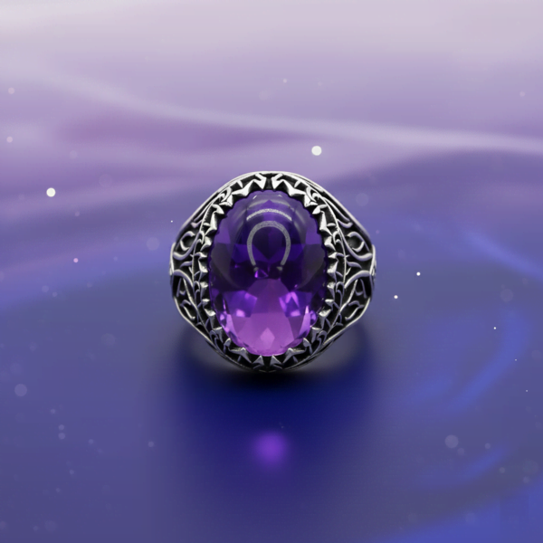 Ametist Taşlı Doğal Taş Erkek Gümüş Yüzük - Mühür M10 - 2