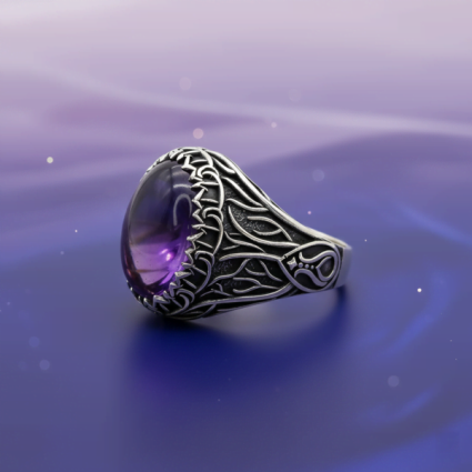 Ametist Taşlı Doğal Taş Erkek Gümüş Yüzük - Mühür M10 - Serhendi Logolu Ürünler