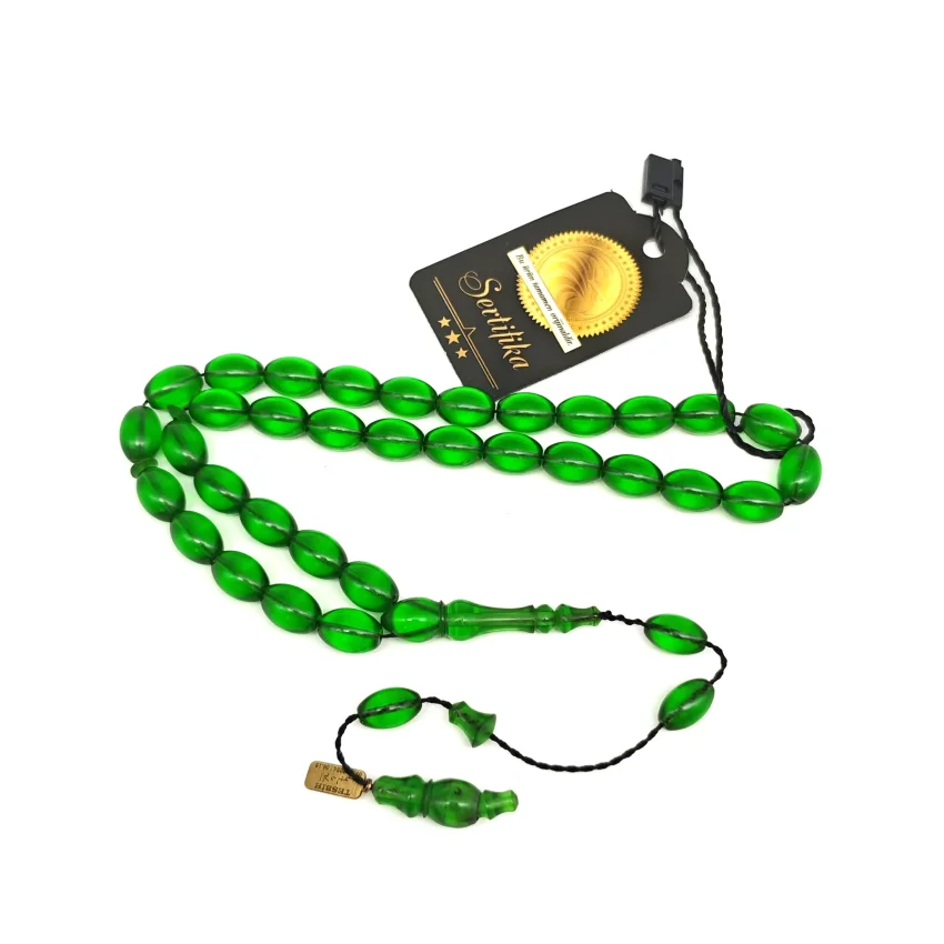 Ateş Kehribar Yeşil Arpa Kesim Tesbih HA15 - 1