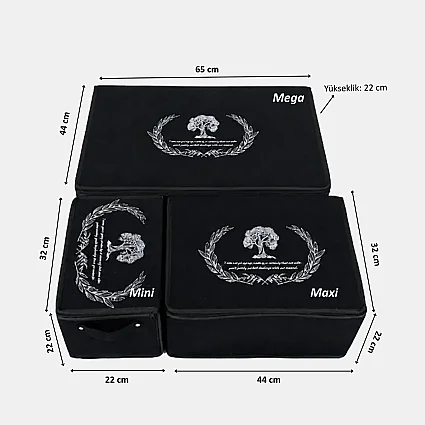 Bazaaltı Keçe Sandık 3'lü Set Mini Maxi Mega Siyah (1)