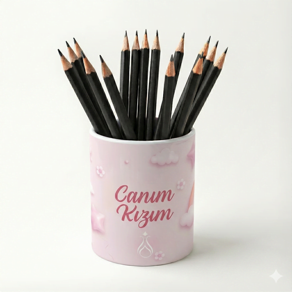 Eğlenceli Seramik Kalemlik - Uçan Balon ve Gökkuşağı Temalı Pembe - Canım Kızım - Çizgi M14 - 1