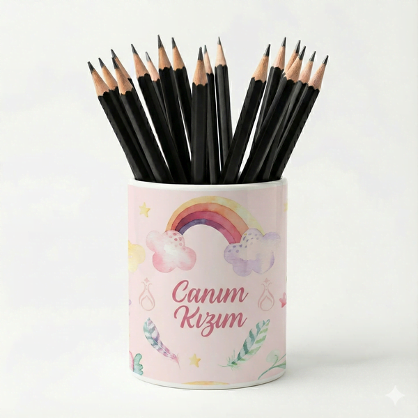 Eğlenceli Seramik Kalemlik - Çiçek Bahçesi ve Gökkuşağı Temalı Pembe - Canım Kızım - Çizgi M20 - 1