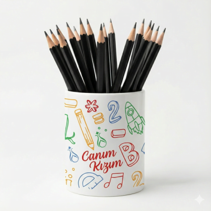 Eğlenceli Seramik Kalemlik - Harfler Sayılar ve Okula Merhaba Temalı - Canım Kızım - Çizgi M21 - Serhendi Logolu Ürünler