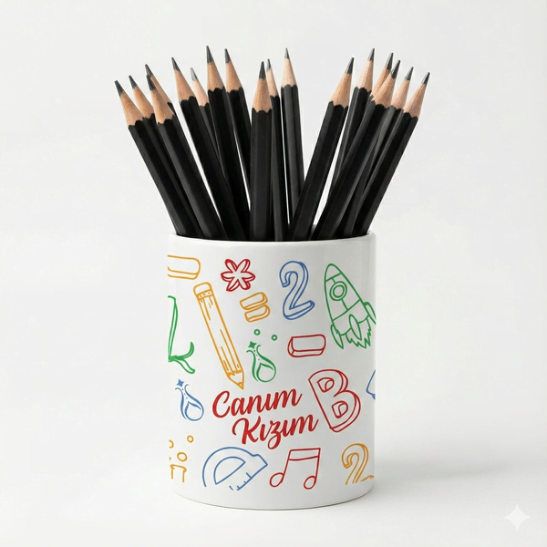 Eğlenceli Seramik Kalemlik - Harfler Sayılar ve Okula Merhaba Temalı - Canım Kızım - Çizgi M21 - 1