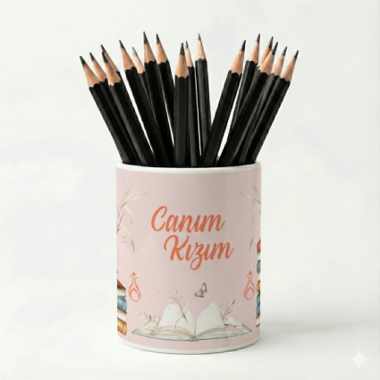 Eğlenceli Seramik Kalemlik - Çiçekli ve Kitap Temalı Pembe - Canım Kızım - Çizgi M27 - Serhendi Logolu Ürünler