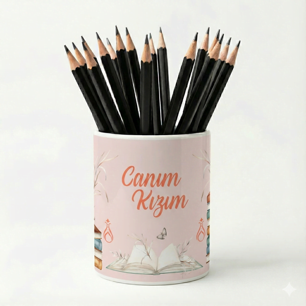 Eğlenceli Seramik Kalemlik - Çiçekli ve Kitap Temalı Pembe - Canım Kızım - Çizgi M27 - 1
