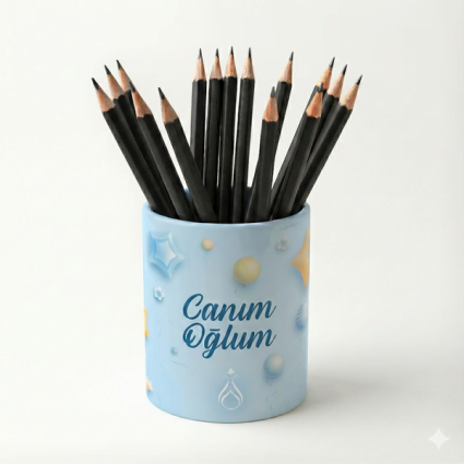 Eğlenceli Seramik Kalemlik - Uçan Balon ve Uzay Macerası Temalı Mavi - Canım Oğlum - Çizgi M12 - Serhendi Logolu Ürünler