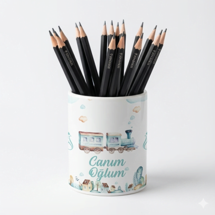 Eğlenceli Seramik Kalemlik - Tren Traktör ve Uçak Sevimli Taşıtlar Temalı - Canım Oğlum - Çizgi M16 - Serhendi Logolu Ürünler