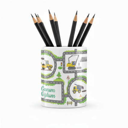 Eğlenceli Seramik Kalemlik - Eğitici İş Makineleri Trafik Yolu Oyun Temalı - Canım Oğlum - Çizgi M18 - Serhendi Logolu Ürünler