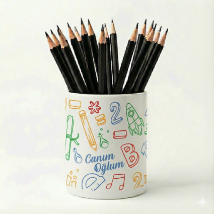 Eğlenceli Seramik Kalemlik - Harfler Sayılar ve Okula Merhaba Temalı - Canım Oğlum - Çizgi M22 - Serhendi Logolu Ürünler
