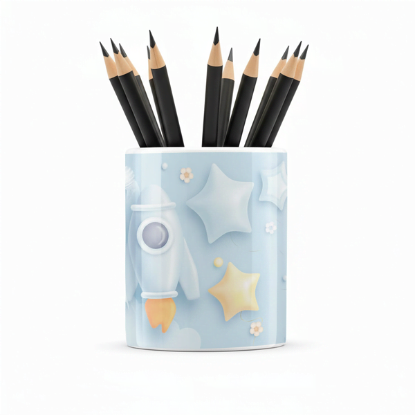 Eğlenceli Seramik Kalemlik - Uçan Balon ve Uzay Macerası Temalı Mavi - Çizgi M11 - 1