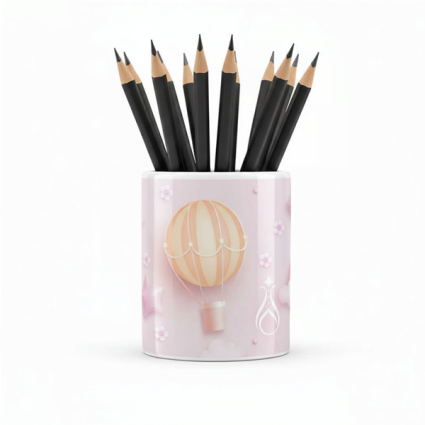 Eğlenceli Seramik Kalemlik - Uçan Balon ve Gökkuşağı Temalı Pembe - Çizgi M13 - Serhendi Logolu Ürünler