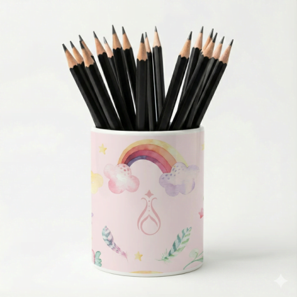 Eğlenceli Seramik Kalemlik - Çiçek Bahçesi ve Gökkuşağı Temalı Pembe - Canım Kızım - Çizgi M19 - Serhendi Logolu Ürünler