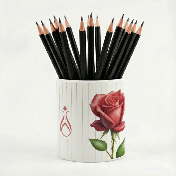 Kırmızı Gül Desenli Seramik Kalemlik - İlk Günkü Aşkla - Serhendi Logolu - Çizgi M2 - 1