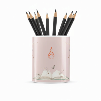 Eğlenceli Seramik Kalemlik - Çiçekli ve Kitap Temalı Pembe - Çizgi M28 - Serhendi Logolu Ürünler