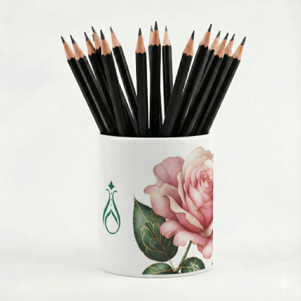 Yapraklı Gül Desenli Pembe Seramik Kalemlik - İlk Günkü Aşkla - Serhendi Logolu - Çizgi M5 - Serhendi Logolu Ürünler