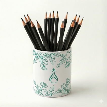 Bahar Çiçekleri Çizgili Yeşil Seramik Kalemlik - Serhendi Logolu - Çizgi M7 - Serhendi Logolu Ürünler
