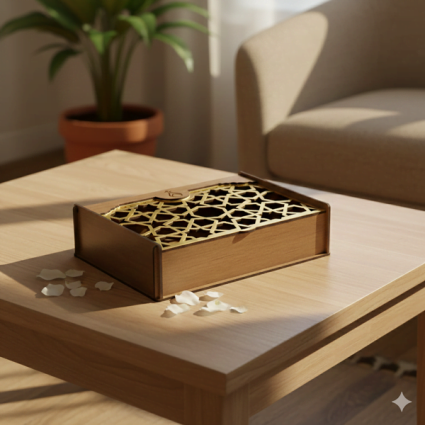 Dekoratif Ahşap Saklama Kutusu Kapaklı, Şekerlik, Organizer - 18x6x13 Ceviz Açık Desen Altın Orta Boy M7 - Serhendi Logolu Ürünler (1)