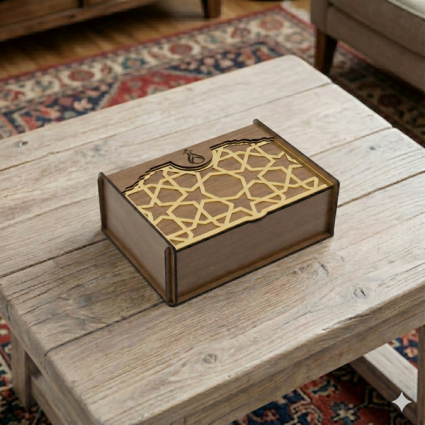 Dekoratif Ahşap Saklama Kutusu Kapaklı, Şekerlik, Organizer - 9,5x6x13 Ceviz Kapalı Desen Altın Küçük Boy M1 - Serhendi Logolu Ürünler