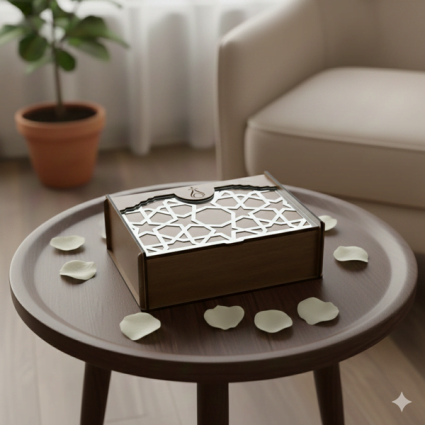 Dekoratif Ahşap Saklama Kutusu Kapaklı, Şekerlik, Organizer - 9,5x6x13 Ceviz Kapalı Desen Gümüş Küçük Boy M2 - Serhendi Logolu Ürünler (1)