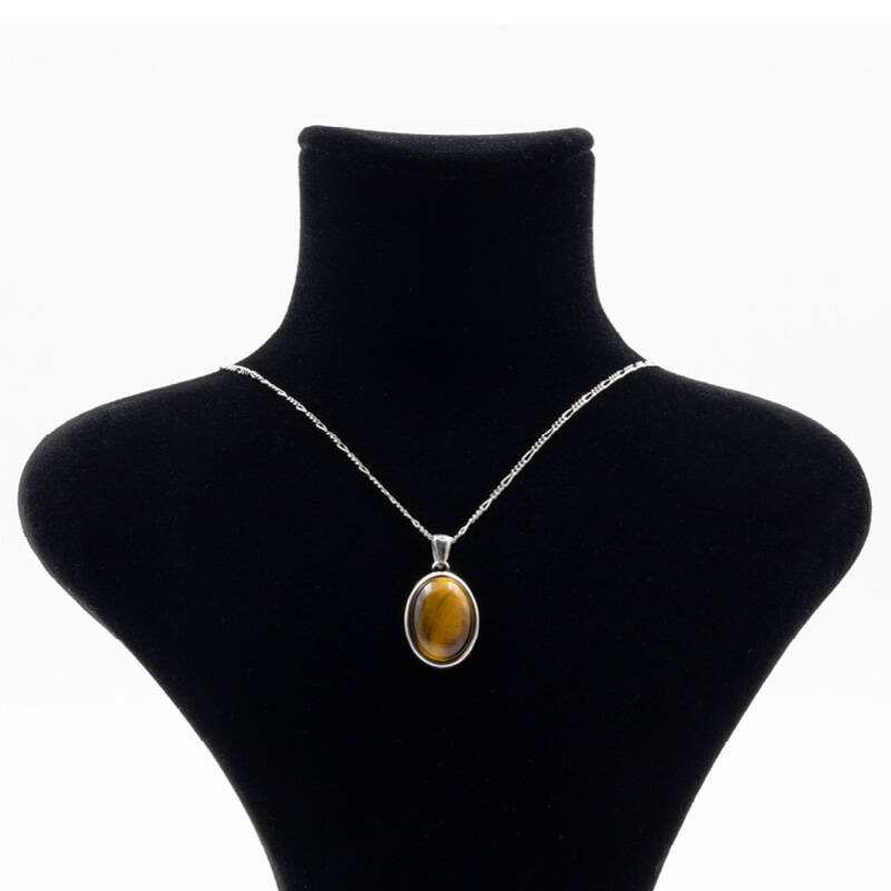 Kaplan Gözü Doğal Taş 925 Ayar Gümüş Kolye M1 - 2