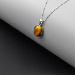 Kaplan Gözü Doğal Taş 925 Ayar Gümüş Kolye M1 - 4