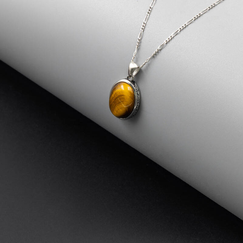 Kaplan Gözü Doğal Taş 925 Ayar Gümüş Kolye M1 - 4